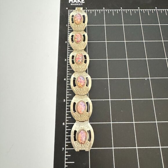 Vintage 1970s Silver 925 Panel Bracelet Faux Opal Beads Cabochons Mexico - Picture 13 of 14